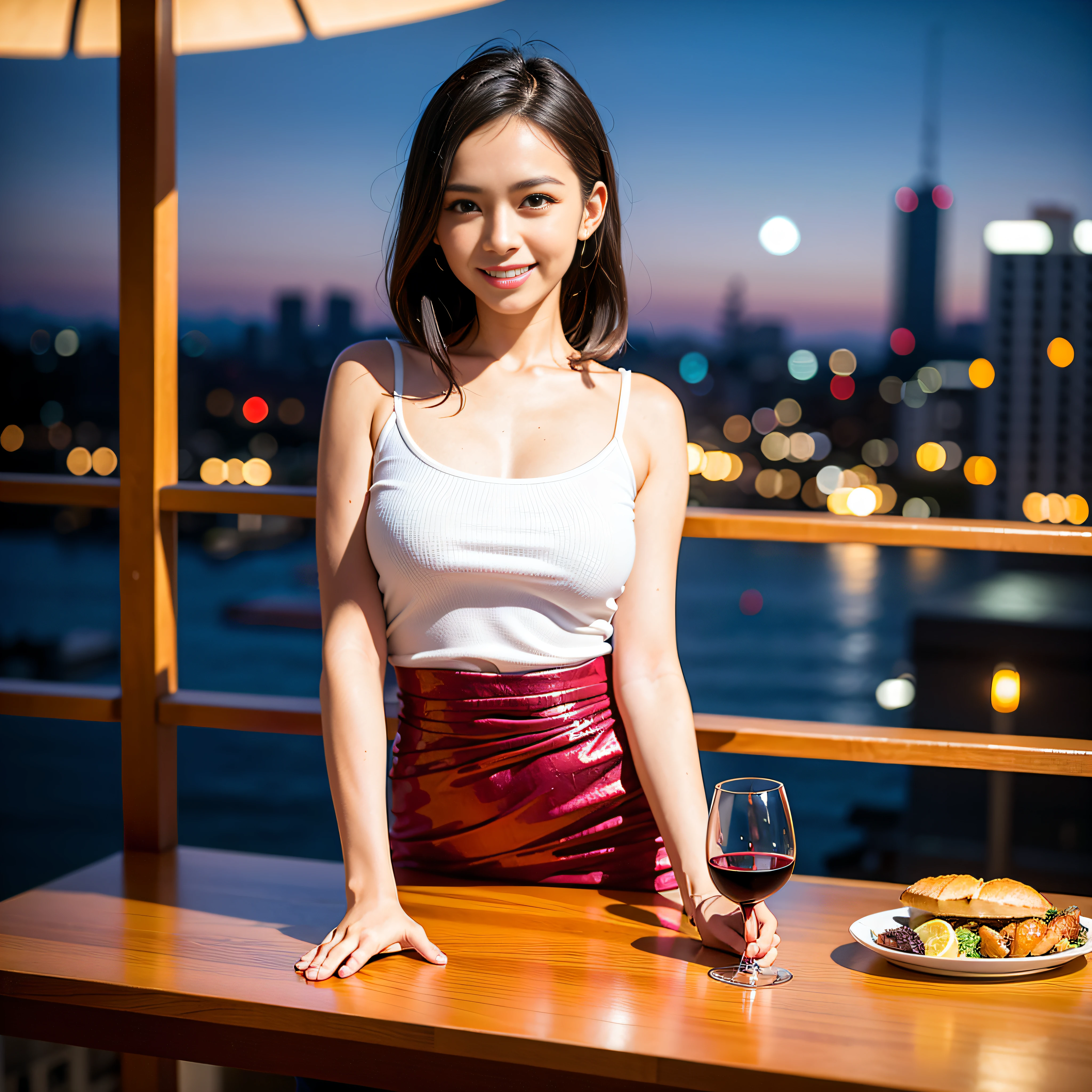 (64K, UHD, top quality, masterpiece: 1.2), (realistic, photorealistic: 1.37), super detailed, pretty woman 1 person, (slim face), (slim body), (brown hair), (short cut), cheeks slightly blushing, (35 years old), 38 years old, solo, beautiful detailed urban night view outside the window, restaurant, wine glasses sit, at night, in a prominent place (from the waist up) NovaFrogStyle, Actress, Model, Waist Up, White Wine, Slim, Wine Glass, Super Clean Night View, Wine Glass Put in the Middle, Happy Smile, (Smile: 1.15), Beautiful Fine Eyes, Upper Body, Bust Japan Up, Night, Short, Short, Actress, Model, Waist Up, White Wine, Slim, Wine Glass, Super Clean Night View, Wine Glass Put in the Middle, Happy Smile,