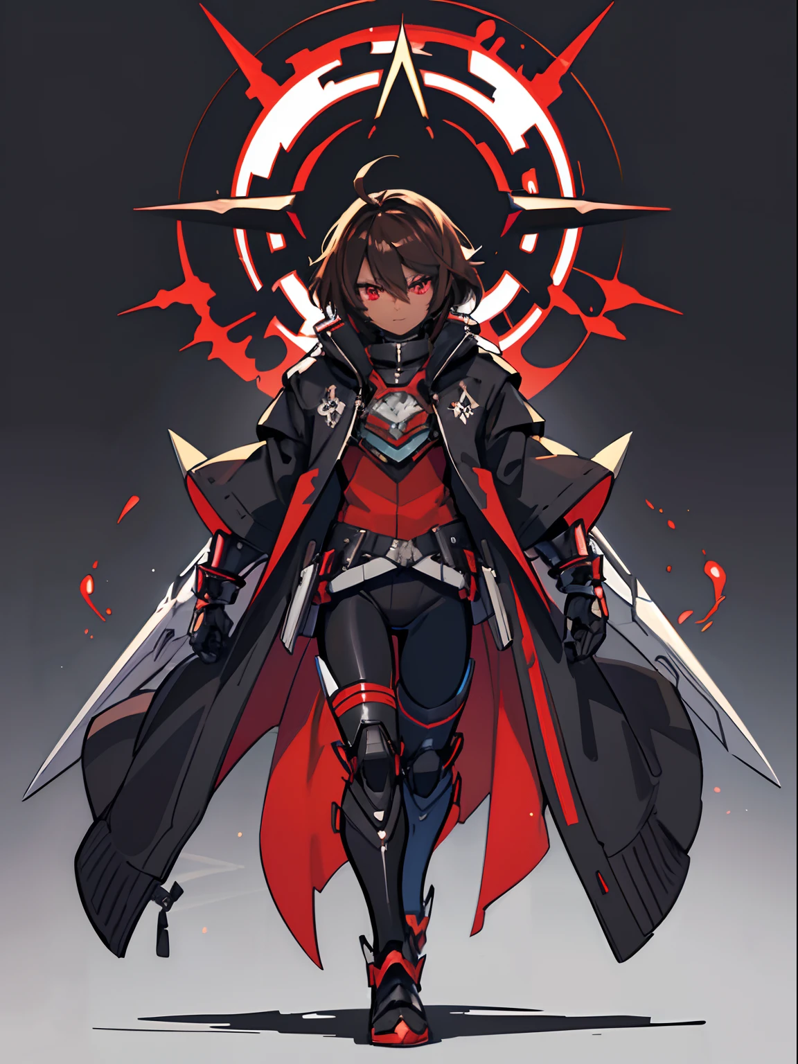 Masterpiece High res, cute (1 shota) dark skin child, with red eyes, long dark brown hair, wearing a black full body magical black armoured powersuit , long black leggings, black and red gaunlets, black jacket, xenoblade chronicles 3, douluo dalu mecha, fire phoniex,