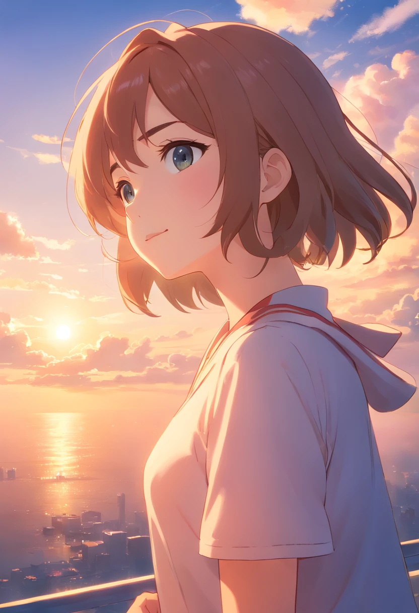 a beauty girl、Nice Buddy、Extraordinary Beauty、masterpiece、top-quality、Movie stills、1girl、Cloud Girl、floating in sky、a closeup、发光、happiness、Warm soft lighting、the setting sun、(Spark:0.7)