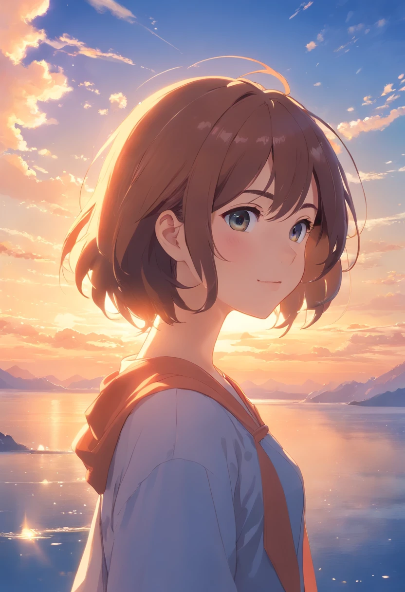 a beauty girl、Nice Buddy、Extraordinary Beauty、masterpiece、top-quality、Movie stills、1girl、Cloud Girl、floating in sky、a closeup、发光、happiness、Warm soft lighting、the setting sun、(Spark:0.7)
