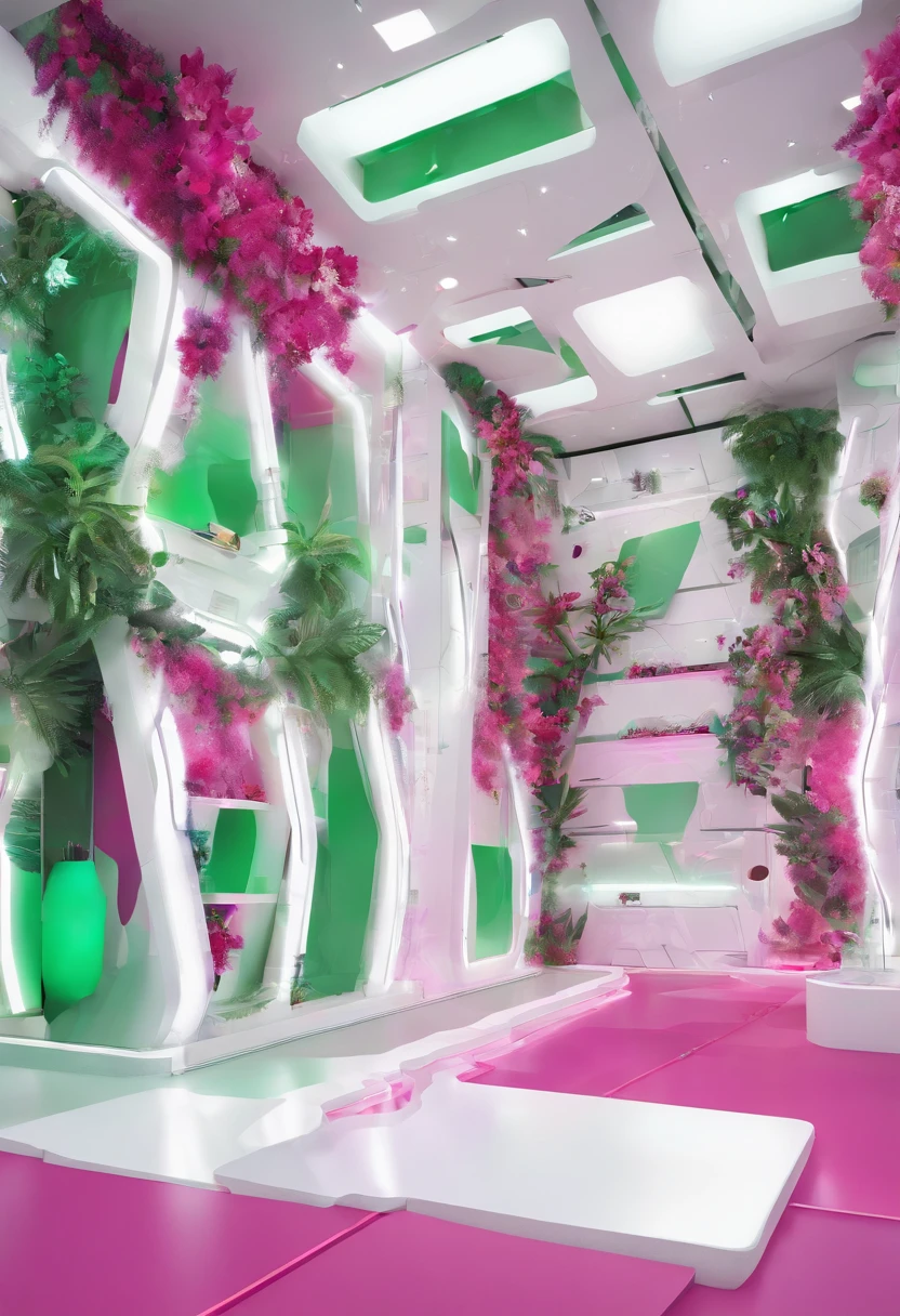 Aim for a "Wisdom Hibiscus City is good,parks "Booth design for the theme。Intuitive, The frames, curves, transparency, white colors, green color, ropes, Park layout,Instagram, Maximalism, K, aethereal