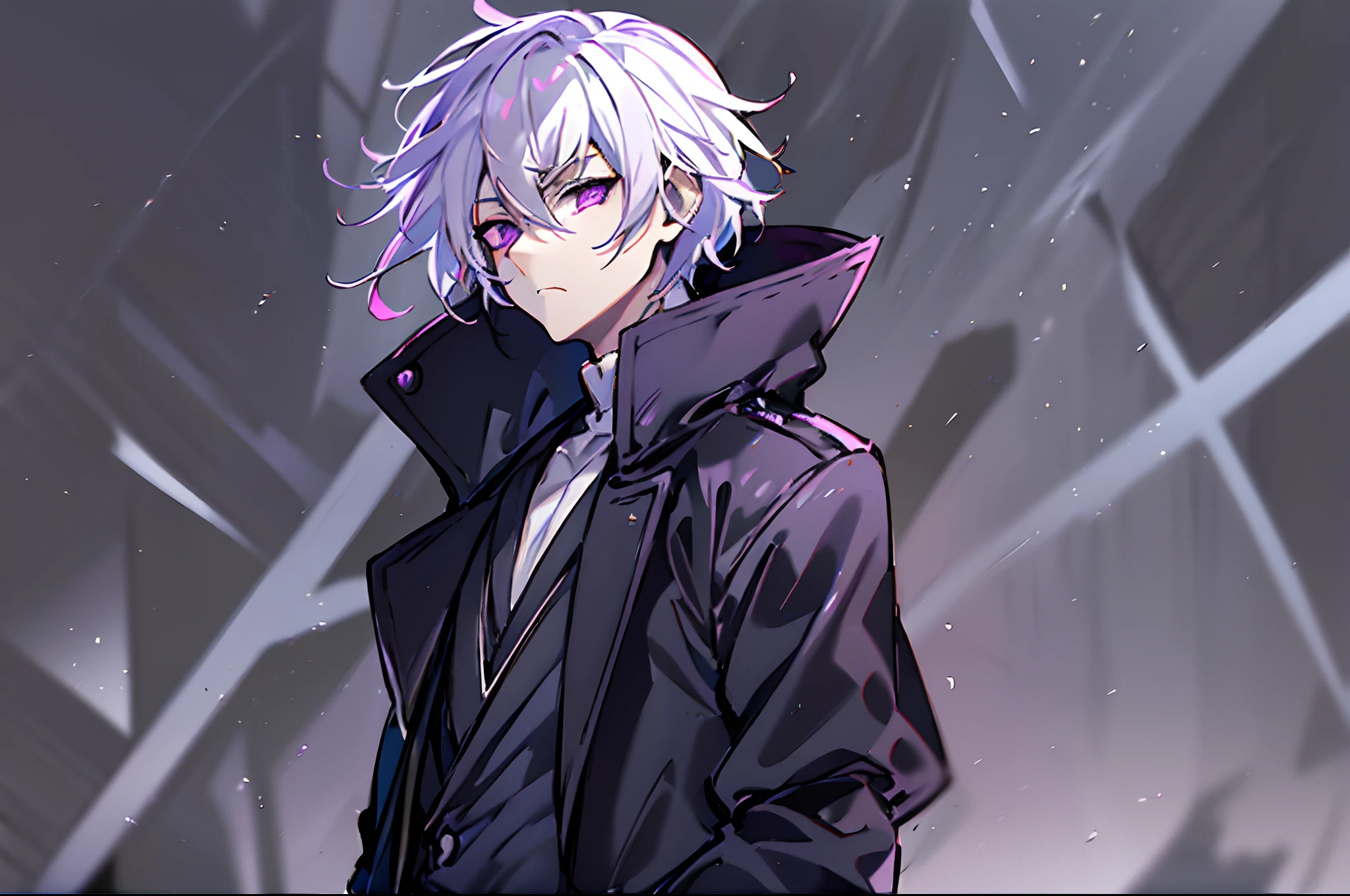 High quality, hd, 4k, Handsome male, 1male, white hair, purple eyes, black leather clothing, looking at viewer