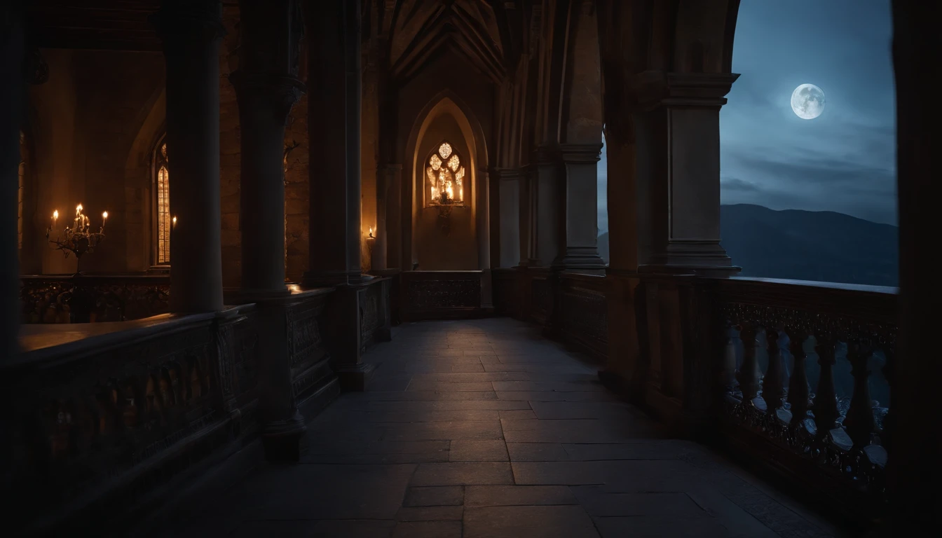 medieval castle balcony, snow, midnight, moon rising, gothic, vampiric, cinematic, 8k, scene from film (best quality, 8k, highres, masterpiece:1.2), ultra-detailed, realistic:1.37, HDR, studio lighting, vivid colors, bokeh, portraits, landscape, horror, anime, sci-fi, photography, concept artists, dark color palette, dramatic lighting
