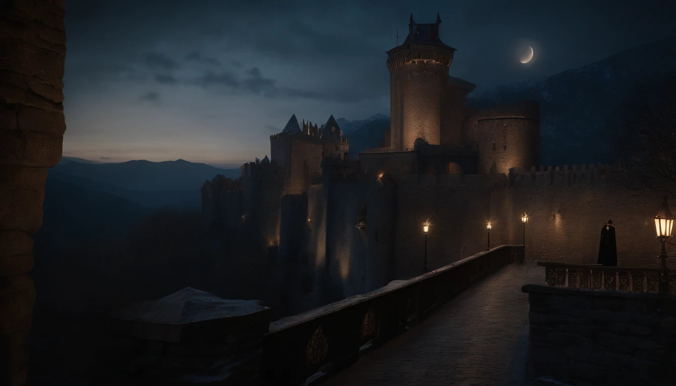 medieval castle balcony, snow, midnight, moon rising, gothic, vampiric, cinematic, 8k, scene from film (best quality, 8k, highres, masterpiece:1.2), ultra-detailed, realistic:1.37, HDR, studio lighting, vivid colors, bokeh, portraits, landscape, horror, anime, sci-fi, photography, concept artists, dark color palette, dramatic lighting