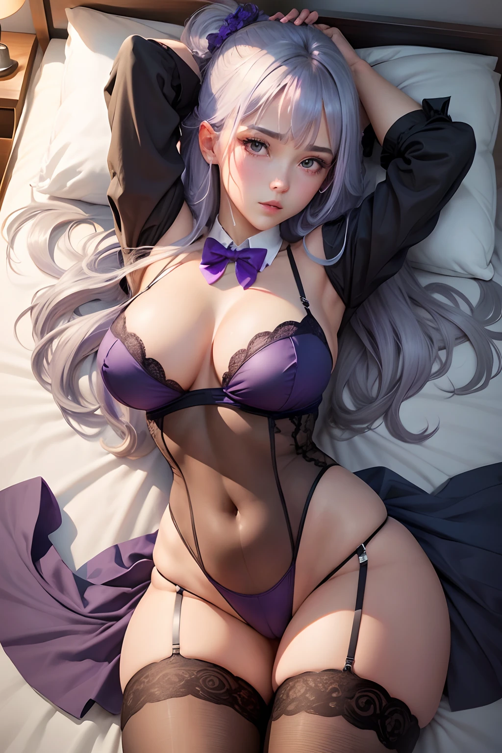 Best Quality, masutepiece,, Illustration, Wallpaper,1girl in, Solo, White bra, Bright purple-silver hair, Semi-long hair, Beautiful detailed girl, extremely detailed eye and face, Beautiful detailed eyes, Shy, natural_Lighting, Glow,NSFW, Clean sky, Looking at Viewer, Outdoors, nigh sky, Star (skyporn), lowfers, Black pantyhose, blue bowtie, Straight hair, Purple petals, Purple and blue flowers, Ponytail, Blue Ribbon,White hair, Thick_thighs thighs thighs thighs, Large breasts,knee sox,Open your crotch,Black underwear,barechested,,Sleep in bed,be shy,toppless,Upper body naked,sleep,Shooting from the top of the bed,