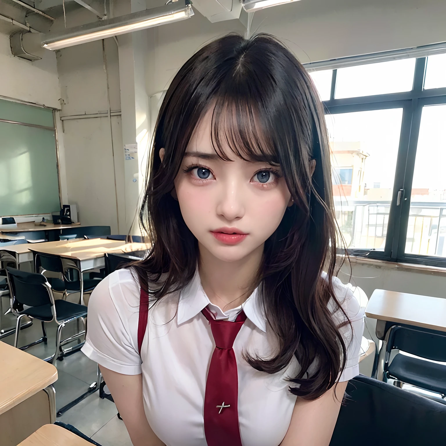 ((8K, top-quality, masterpiece, 超A high resolution, Photorealsitic:1.5)), 1girl in, cute sexy high schoolgirl, Perfect dynamic composition, In the school, tilt the neck, Sitting at the viewer's desk and watching the viewer:1.4, Highly detailed eye and face texture:1.3, Fair skin, ((School uniform with red tie on chest:1.5, Open valley, Well-shaped big)), (Beautiful blue eyes, Eyes that feel beautiful eros:1,5), (Face feeling ecstasy:1.5, Sexy face:1.5), (A mouthfeel that feels beautiful eros:1.55, Duck mouth), (Intense erotic poses:1.8, Intense displays of affection:1.8), ((((Too erotic))))