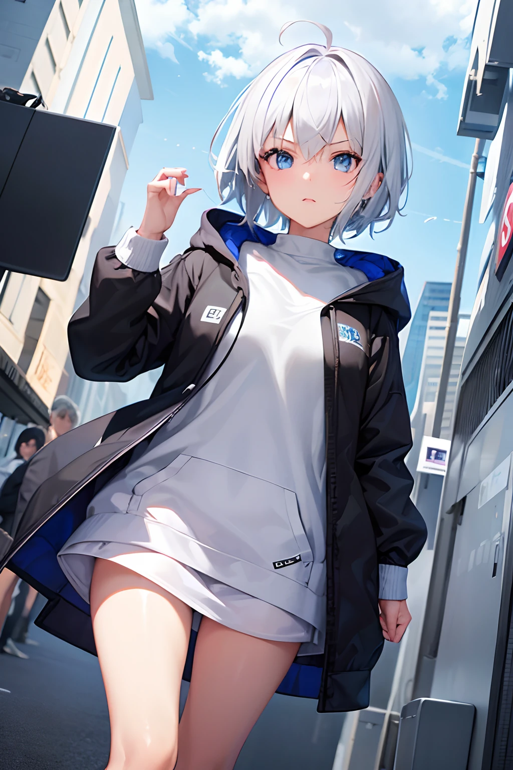 1girl, hoodie, blue eyes, white hair, ultrasharp, short hair, 8k, looking at viewer, mean stare