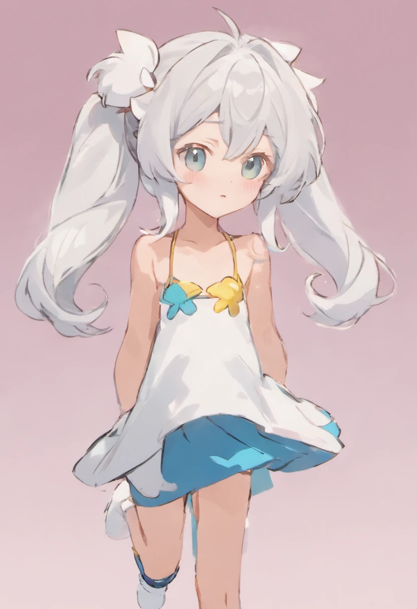 Horikiri Nagisa a long grayish white haired with his hair in cute twin tails flat chested beautiful boy who isn't entirely comfortable with modeling cute feminine clothes for his little sister but is okay with it despite feeling a bit emasculated, Masterpiece,Best quality,