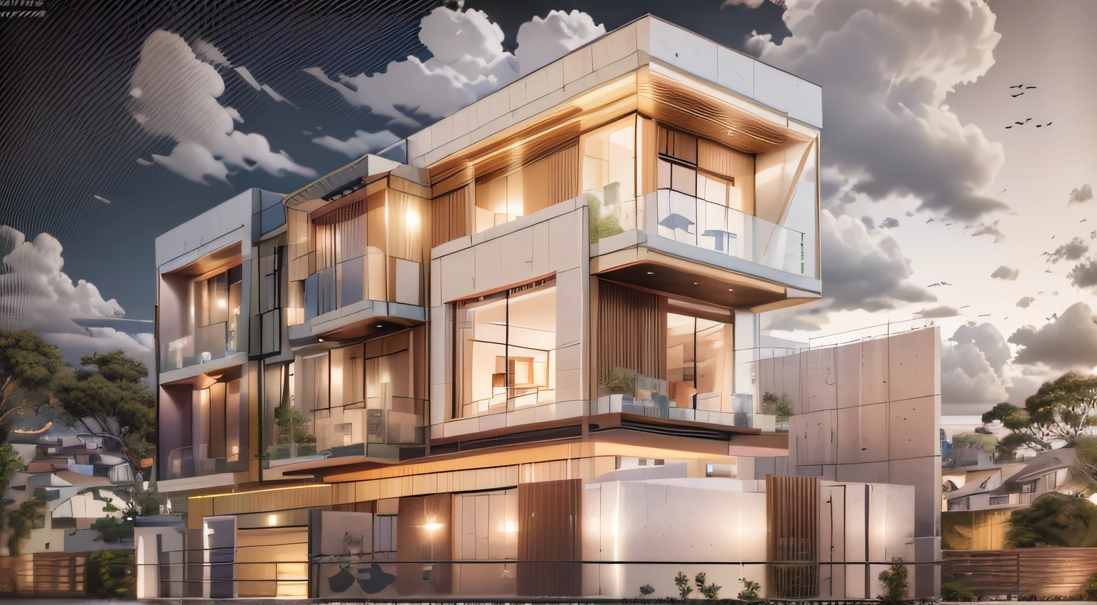 Bauhaus style house, glass house with a sloping roof, modern, dynamic (RAW photo, real, best quality, masterpiece:1.2), (hyper realistic, photo-realistic:1.2), high quality, (dark lighting:1.2), perfect lighting, archdaily