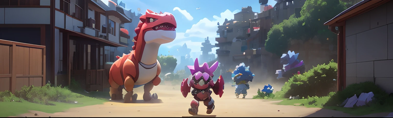 There are many different characters in this video game, CG art, 2 d cg, robot monster in background, 3 d render official art, splash art brawlstars, stylized as a 3d render, front cover of a new video game, gameplay still, Blocky, playable trailer, game screenshot, videogame still, Game CG, Dinosaur killer,Chased by dinosaurs