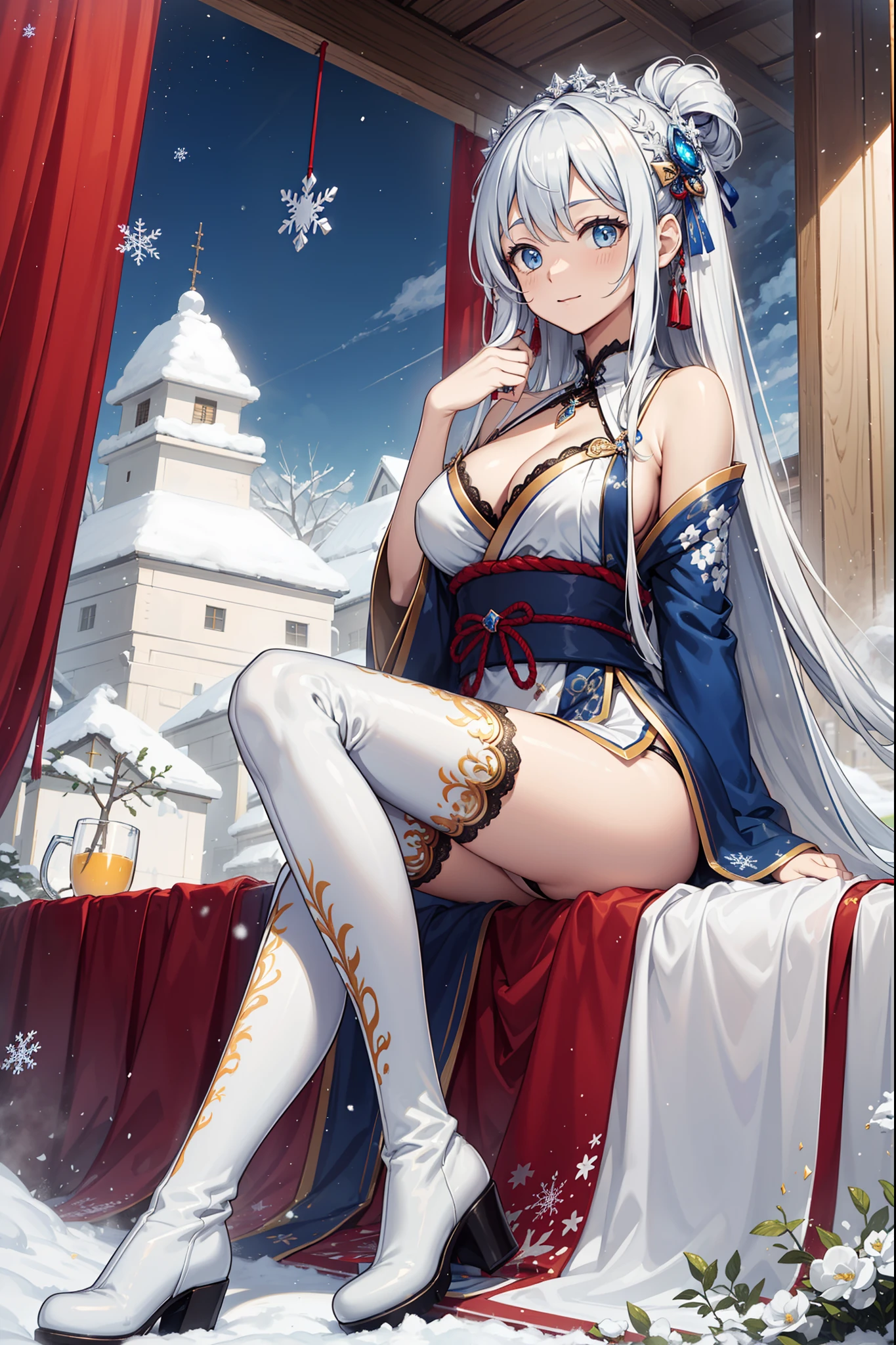 saints，seductiv，having fun，Being in love，(Western magic white dress)，silber hair，eBlue eyes，Suitable transparent clothing，Decoration of saints，Sky blue cloth，Snowflake pattern，Sky blue pattern，Snowy nights，Transparent lace，exquisite costumes，Sit Pose，solo person，Japanese courtyard，(natta:1.1)，nevando，(Long suspender boots:1.1)，Delicate and beautiful face，Sit Pose