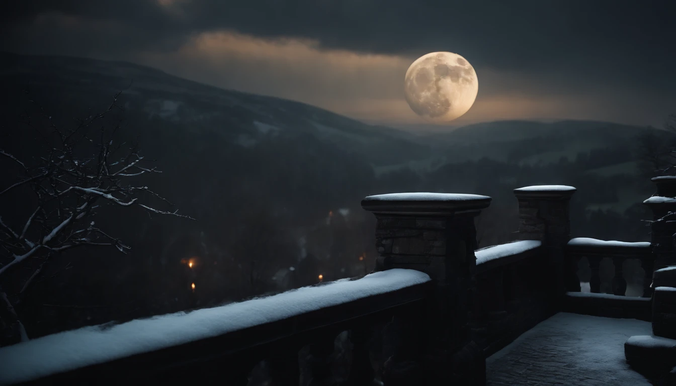 medieval castle balcony, snow, midnight, moon rising, gothic, vampiric, cinematic, 8k, scene from film (best quality, 8k, highres, masterpiece:1.2), ultra-detailed, realistic:1.37, HDR, studio lighting, vivid colors, bokeh, portraits, landscape, horror, anime, sci-fi, photography, concept artists, dark color palette, dramatic lighting