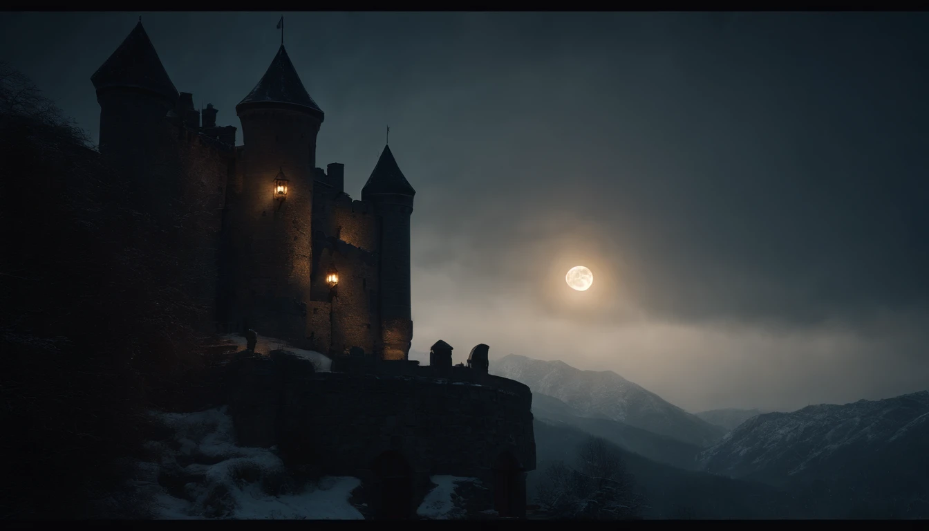 medieval castle balcony, snow, midnight, moon rising, gothic, vampiric, cinematic, 8k, scene from film (best quality, 8k, highres, masterpiece:1.2), ultra-detailed, realistic:1.37, HDR, studio lighting, vivid colors, bokeh, portraits, landscape, horror, anime, sci-fi, photography, concept artists, dark color palette, dramatic lighting