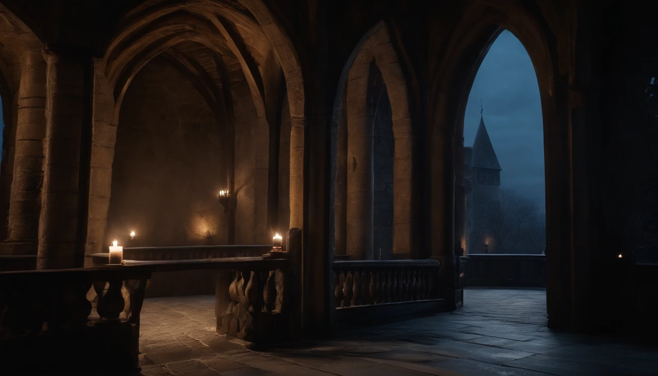medieval castle balcony, snow, midnight, moon rising, gothic, vampiric, cinematic, 8k, scene from film (best quality, 8k, highres, masterpiece:1.2), ultra-detailed, realistic:1.37, HDR, studio lighting, vivid colors, bokeh, portraits, landscape, horror, anime, sci-fi, photography, concept artists, dark color palette, dramatic lighting