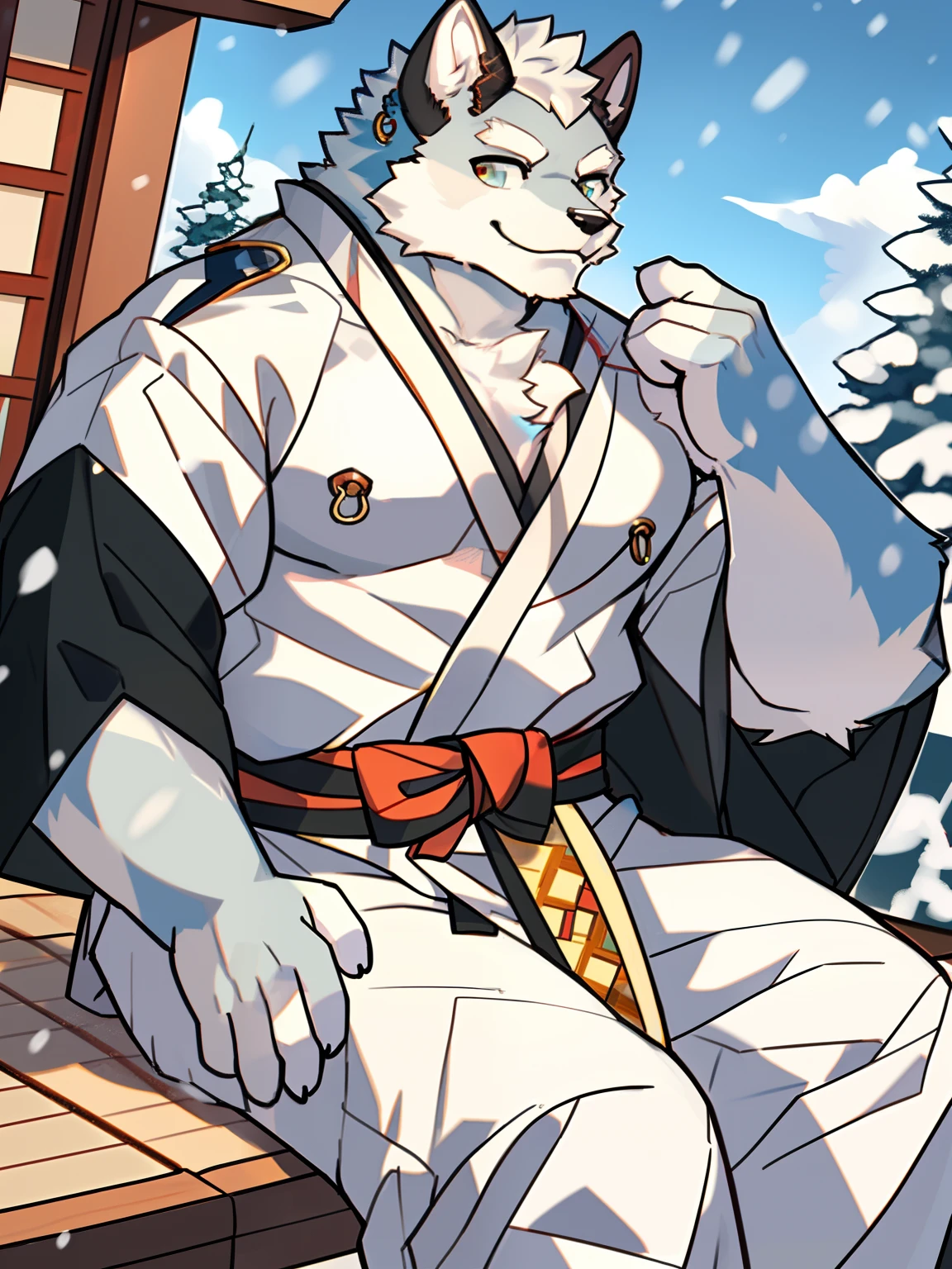 (morning), 1volibear, 独奏, 看着观众, winter, smile,肌肉男，beard,middle-aged，white fundoshi,((open) black kimono)，japanese traditional clothes,picture quality, full color, extreme detail,sit down,stud earrings,nipple ring,full body close-up, exquisite painting style,Tall Resolution, Downloads, 8k HD, Extreme Detail, Detailed Backgrounds,