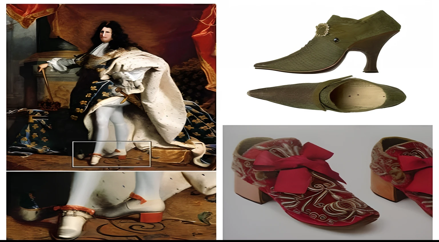 Un primer plano de un par de zapatos y una pintura, Luis XIV, inspirado en Hyacinthe Rigaud, inspired by Jean-François de Troy, The fashion of the time, Era de la Regencia, 1 Estilo del siglo 8, Siglo 17, inspired by Stanislas Lépine, 1 Siglo VII, Siglo 17, Aristocratic dress