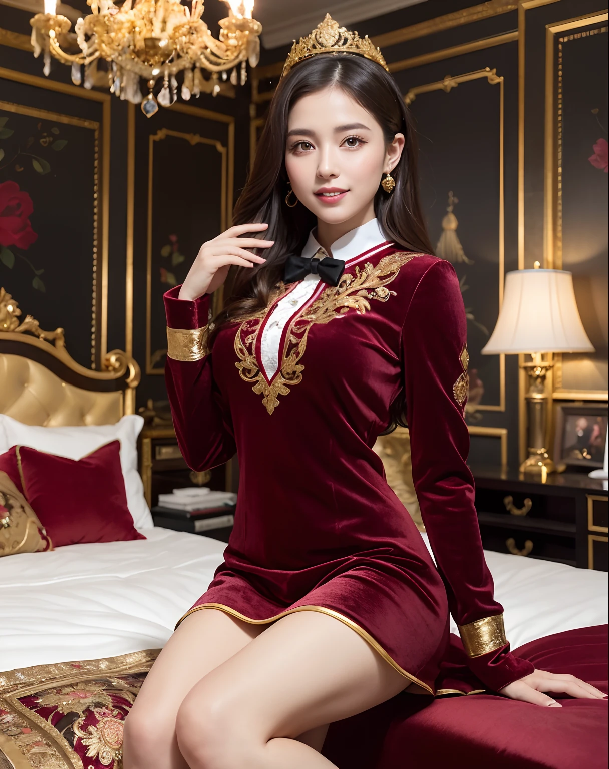(((Expensive VIP room in a gorgeous royal family,Princess Room,The most gorgeous room,Sit on the king's bed,Luxuriously decorated beds,Sit on the most gorgeous bed,Complete interior of luxurious royal bedrooms,Everything is a gorgeous background,Detailed chandelier,Luxury beyond imagination,Inside the Royal Palace,The most gorgeous decorations in the world, Room decorated with many ornaments, ornate decorations,Dazzling light, Golden decoration,gorgeous decoration、Embroidered crimson velvet,very elegant,)))(Phenomenally cute schoolgirl、a hyperrealistic schoolgirl,Elegant and beautiful uniform,Elegant décor,artistic décor,Gorgeous uniforms、Princess,Lady's uniform,Gorgeous and elegant uniforms,The cutest woman,goddess of Japan, large full breasts,)、((See the perfect camera here,Big smile,Clean teeth,perfect teeth,White teeth,finerly detailed face,Perfect fingers,Perfect hands,Accurate 5 fingers)),View here,Center view、Nice skin、glistning skin、lovely thighs、glowing thigh、shining legs、tmasterpiece,hight resolution,1girll,Beautiful expression,Red High Gloss Lipstick,Physical,dingdall effect,realisticlying,Dark Studio,edge lit,two tone lighting,(highdetailskin:1.2),8K Ultra HD, Digital SLR, softlighting, hightquality, volumettic light, Sneak Shots, Photore, hight resolution