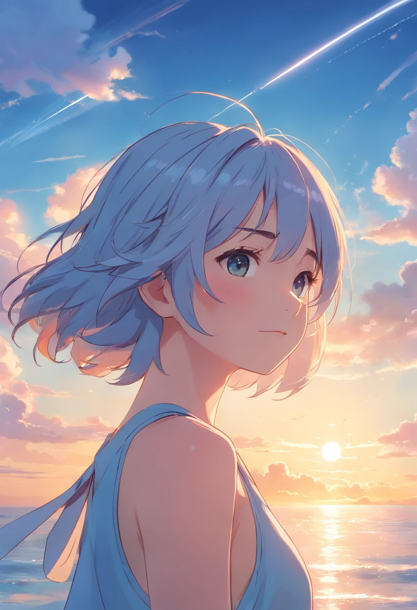(Hyper-realistic) , (illustratio), (Increase the resolution), (8K), (RAW photos,best qualtiy),(realisticlying,photograph realistic:1.3),best qualtiy,highly detailed,tmasterpiece,Hyper-detailing,cinematic Film still from,1girl,Cloud Girl,Floating in the sky,closeup cleavage,brightly,cheerfulness,Warm and soft lighting,the sunset,(spark of light:0.7), High quality hair, parted lip, Blushlush, putting makeup on, Light smile, white camisole, short jeans pants, sea beach, Rays, The sheen, upper legs, 鎖骨, big breasts thin waist, (tmasterpiece), the wallpaper, the wallpaper, short detailed hair, Realistis, standing on your feet, sand
