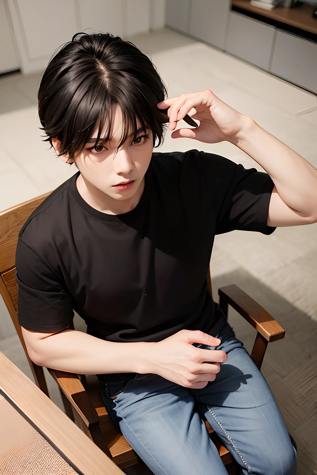 Black-haired boy、Long、Sharp eyes、Sitting in a high-end chair、Gray T-shirt、well-muscled、Brown eyes、Angle from above、top grade、13years、Hands concentrating on telekinesis