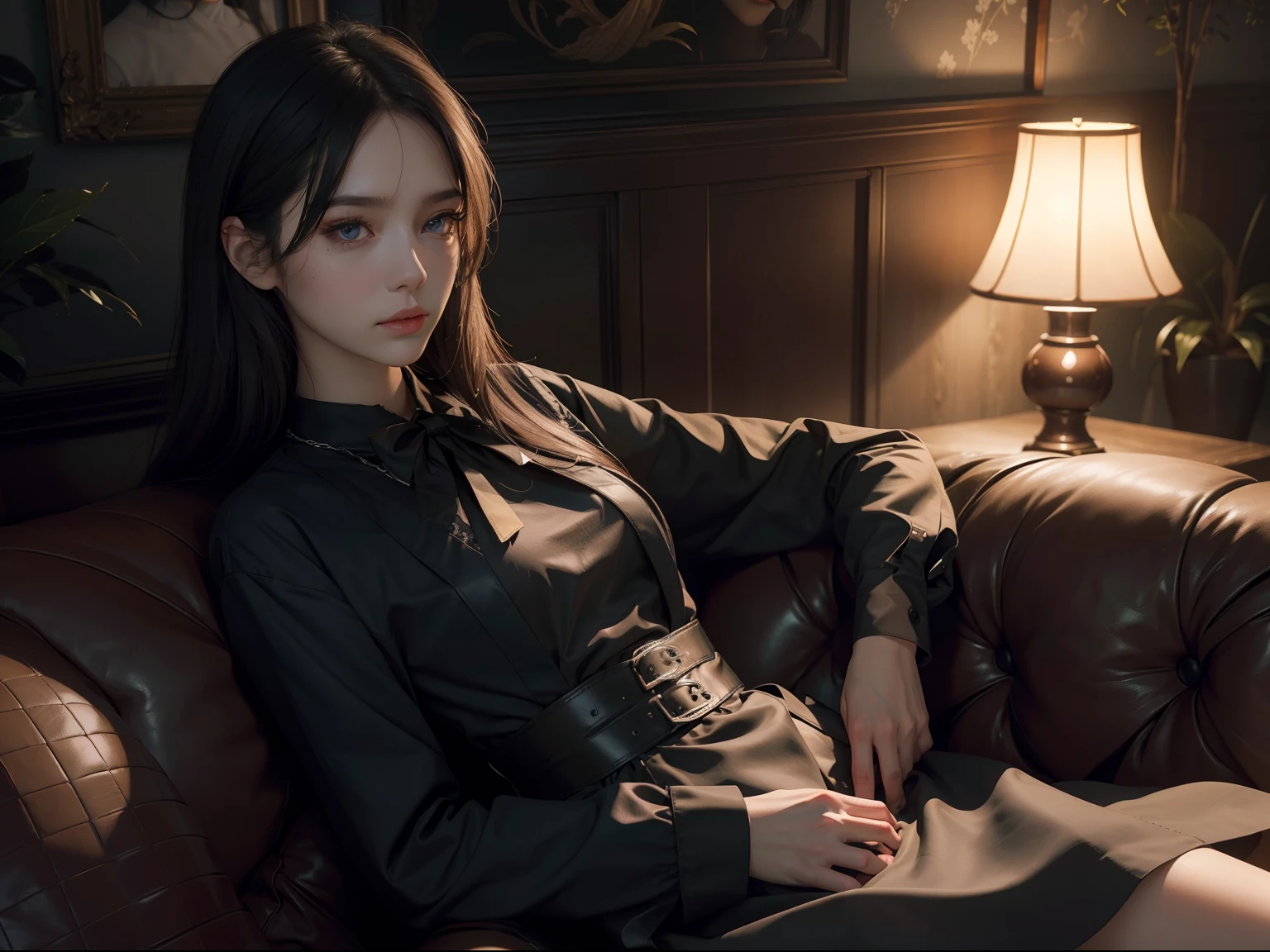 (Hyper-realistic), (Illustration), (High resolution), (8K), (Extremely detailed), (Best Illustration), Yol ( chain saw man ), (Beautiful detailed eyes), (Best Quality), (Ultra-detailed), (masutepiece), (Wallpaper), (Detailed face), Solo, Upper body, Focus on Face, 1 girl, Long Black Hair, Korean, Thin eyeshadow, A detailed eye, Brown eyes, Small moles under the eyes, very slender legs,Long sleeve shirt, Neckbow, Small breasts,Black leather shoes,pinafore dress, Dynamic Pose, low illuminance, Night, Dark, Clouds, a dark night,sit on sofa,Drinking black tea,