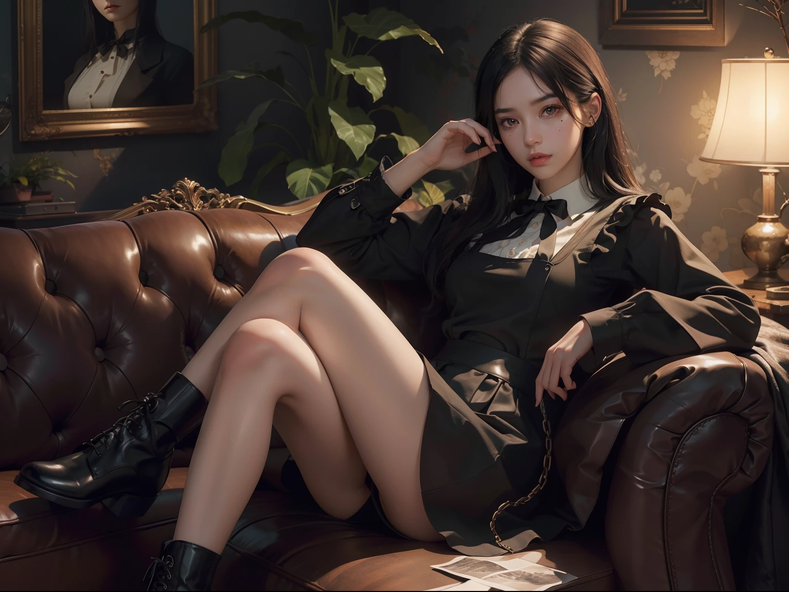 (Hyper-realistic), (Illustration), (High resolution), (8K), (Extremely detailed), (Best Illustration), Yol ( chain saw man ), (Beautiful detailed eyes), (Best Quality), (Ultra-detailed), (masutepiece), (Wallpaper), (Detailed face), Solo, Upper body, Focus on Face, 1 girl, Long Black Hair, Korean, Thin eyeshadow, A detailed eye, Brown eyes, Small moles under the eyes, very slender legs,Long sleeve shirt, Neckbow, Small breasts,Black leather shoes,pinafore dress, Dynamic Pose, low illuminance, Night, Dark, Clouds, a dark night,sit on sofa,Drinking black tea,
