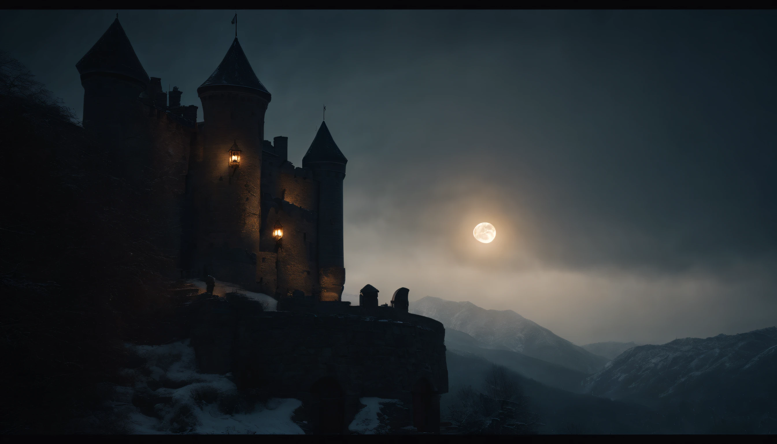 medieval castle balcony, snow, midnight, moon rising, gothic, vampiric, cinematic, 8k, scene from film (best quality, 8k, highres, masterpiece:1.2), ultra-detailed, realistic:1.37, HDR, studio lighting, vivid colors, bokeh, portraits, landscape, horror, anime, sci-fi, photography, concept artists, dark color palette, dramatic lighting