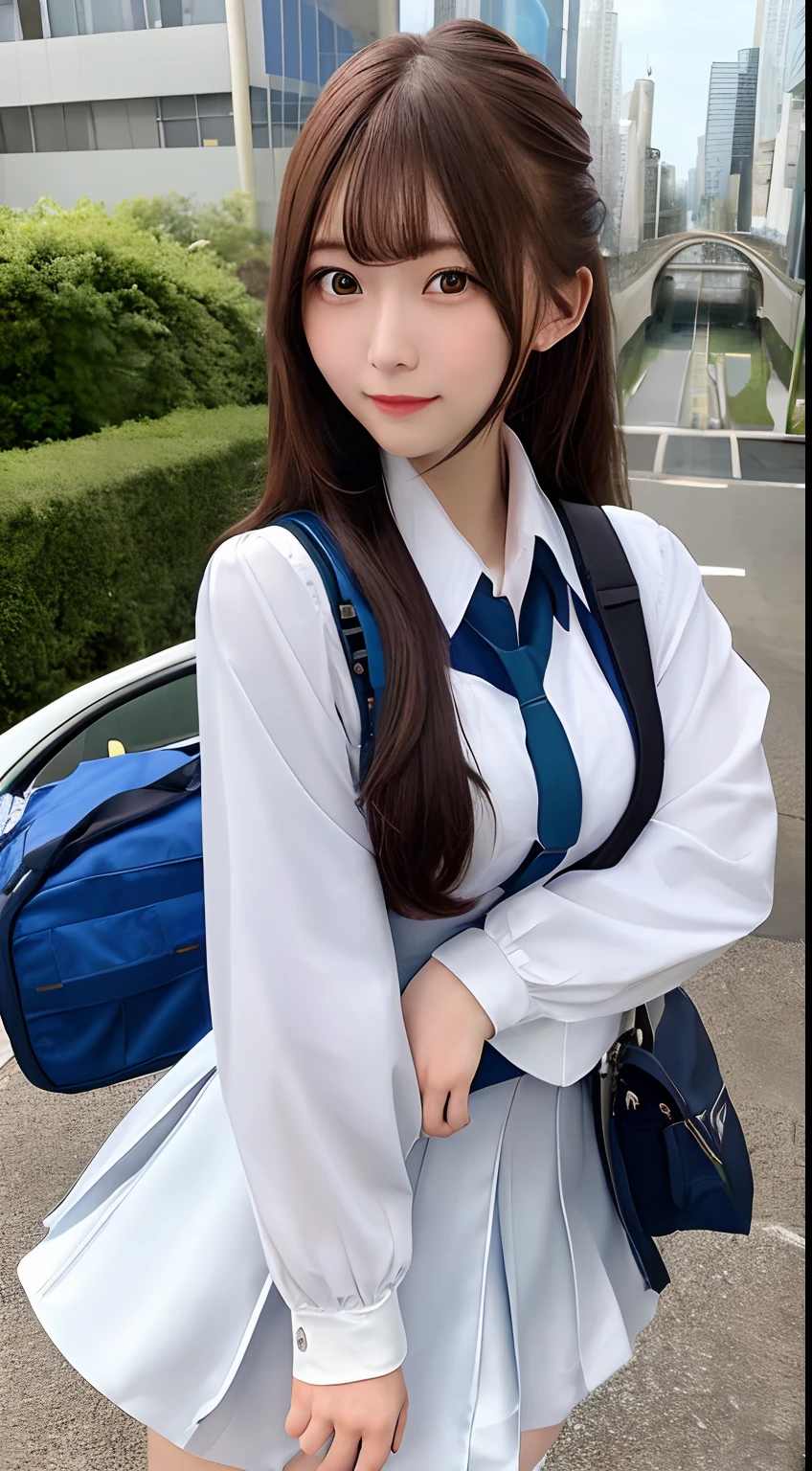 masterpiece, best quality, impressonism,1girl, solo,cyber suit school uniform,smile,blue sky,mecha school bag,future city,magnificent view,fling car,monorail,dynamic angle, dutch angle,portcity,in street,{{masterpiece}}, {{best quality}}, {{ultra-detailed}}, {{disheveled hair}},{extr covered cityemely detailed CG unity 8k wallpaper},{{{game character cg SSR}}}