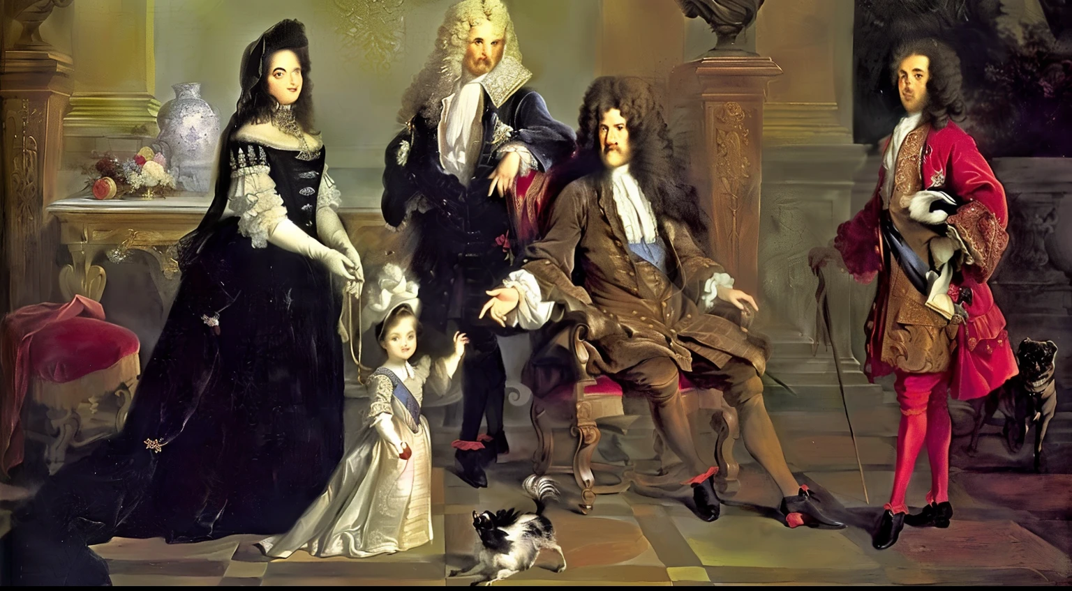 Pintura de una familia de cuatro miembros con ropa formal, Luis XIV, por Hyacinthe Rigaud, obra maestra', Arte del siglo 18, by Jean-François de Troy, Pintura barroca, Pintura barroca, 1 Siglo VII, Siglo 17, por Gerard de Lairesse, rococo art style, Aristocratic dress
