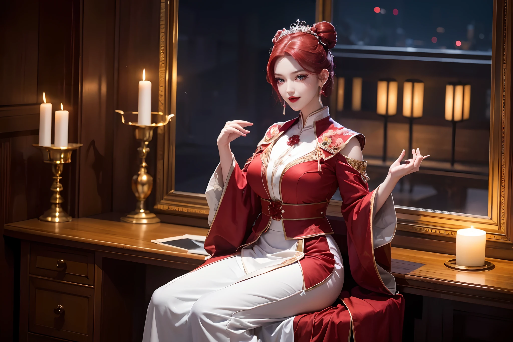 Excellent image quality，Ultra-clear image quality，Big red Hanfu wedding dress，Candles flicker，Pearl hair crown，Tassel earrings，Smiling like a flower,short hair,hair bun,