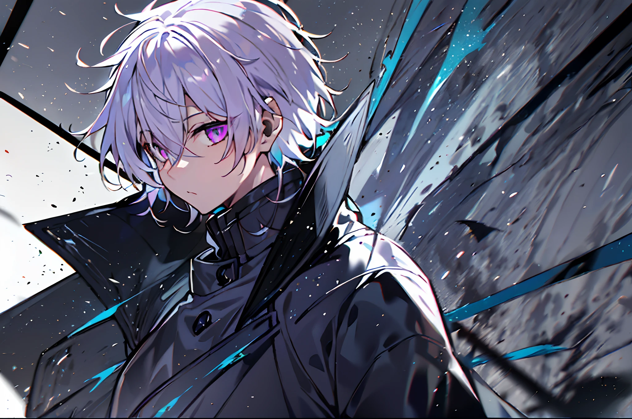 ((One Person)),Anime boy with white hair and purple eyes,(((white hair))) Bright purple eyes,slim, dressed in a black outfit,Shadow Body,de pele branca,monochromes,hair messy,Straight face,Narrow-eyed、Sharp eyes、Diagonal angle,profile、from_side、Look away、(((Black coat)))