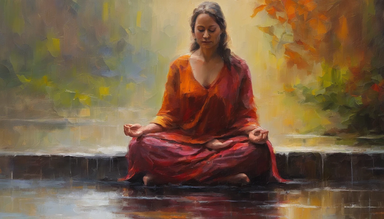 Woman meditating in the rain. The face is faintly visible because of the rain.