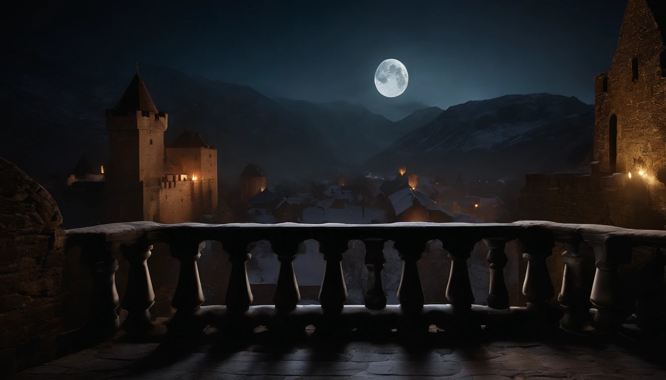 medieval castle balcony, snow, midnight, moon rising, gothic, vampiric, cinematic, 8k, scene from film (best quality, 8k, highres, masterpiece:1.2), ultra-detailed, realistic:1.37, HDR, studio lighting, vivid colors, bokeh, portraits, landscape, horror, anime, sci-fi, photography, concept artists, dark color palette, dramatic lighting