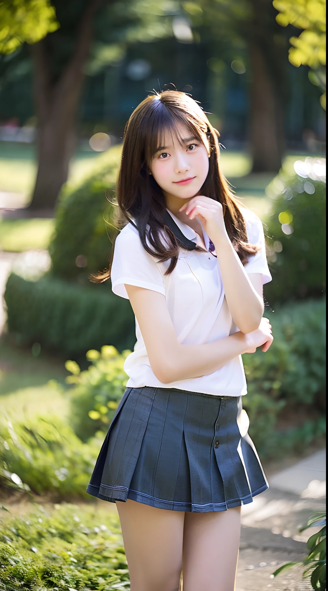 1 Girl,(background: garden),looking at the audience,photoPractical,Practical,Solitary,outdoor:2,Flowers,Blue sky and white clouds,Mountains,audience,Pleated Skirt,