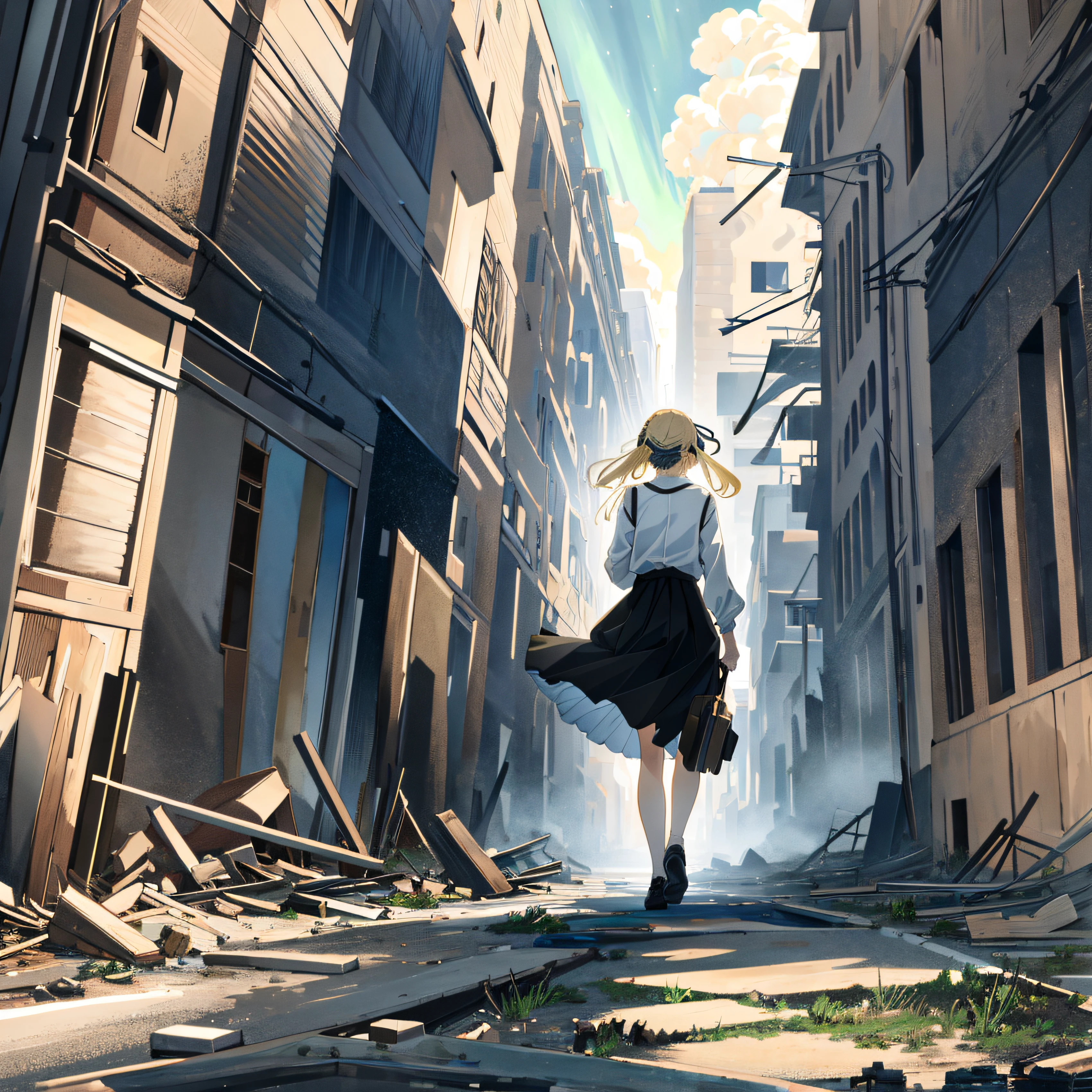 masterpiece, high quality, young girl, holding checked long skirt, digital camera, blonde, facing back, night, full body, center of screen, blindfold,anime ,aurora sky, dessert,dead tree,a ruined sophisticated city, destroyed buildings all around