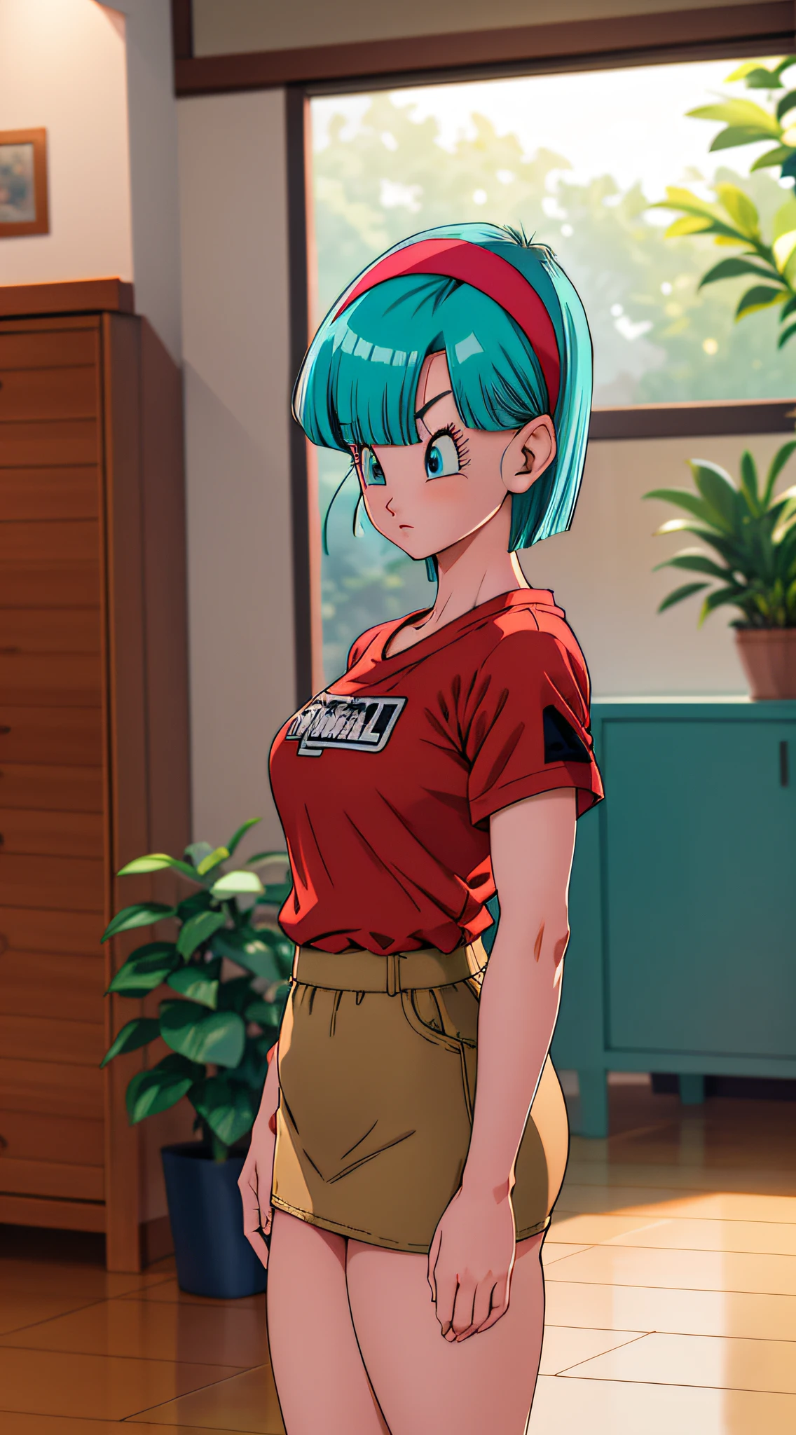 masterpiece, best quality, highres, dragon ball, blmmid, aqua hair, medium hair, blunt bangs, red hairband, medium breasts, shirt, skirt, cowboy shot, indoors, standing,