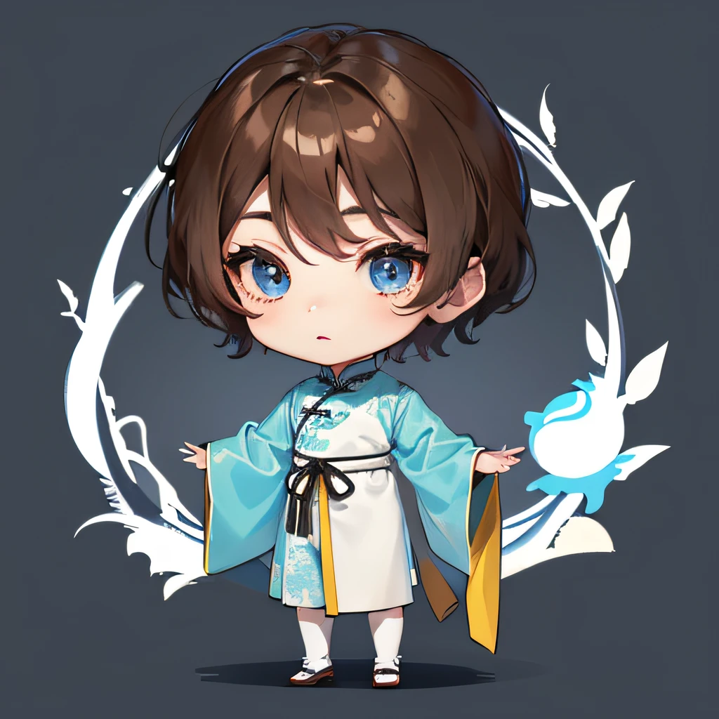 tmasterpiece、Need、(1 boy:1.8)、(tchibi:1.8),standing on your feet,Side Body,(Ancient Chinese clothes:1.2),Brown hair long,Black gradient blue eyes,white backgrounid,simplebackground