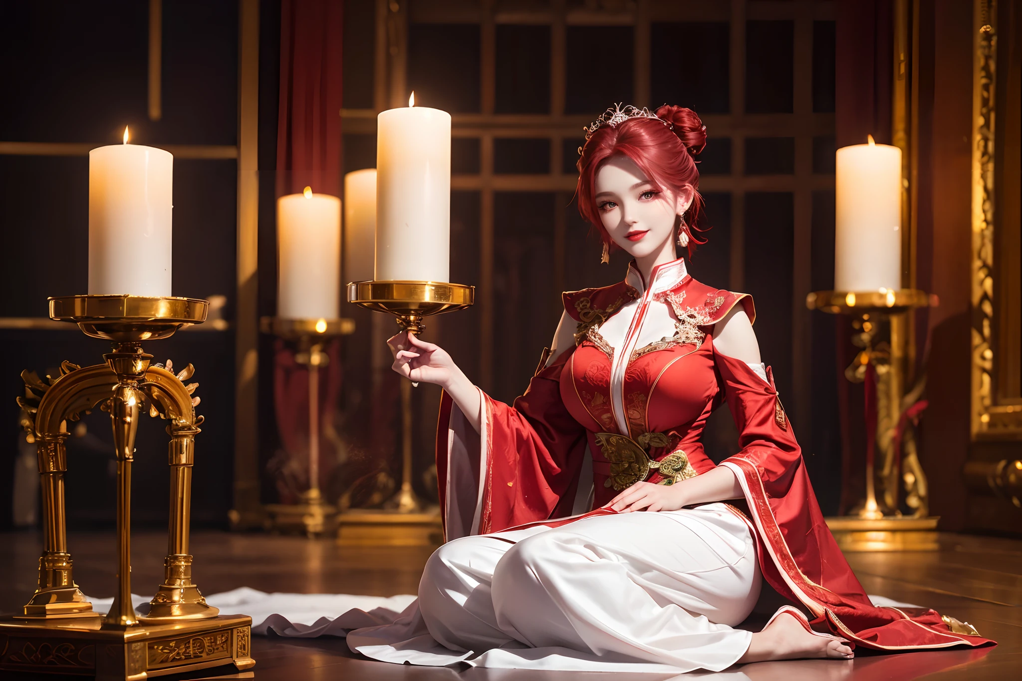 Excellent image quality,Ultra-clear image quality,Big red Hanfu wedding dress,Candles flicker,Pearl hair crown,Tassel earrings,Smiling like a flower,short hair,hair bun,
