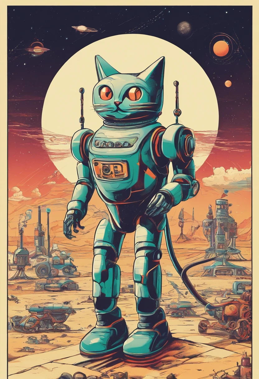 1Cat-shaped robot, Mine where they extract spices and seasonings from the earth, Cinematic, Miners in the distance