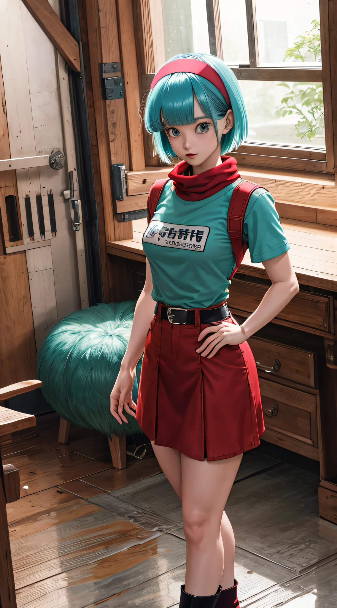 obra maestra, mejor calidad, highres, dragon ball, blmmid, aqua hair, medium hair, blunt flequils, red hairband, medium breasts, shirt, skirt, cowboy shot, indoors, standing, (( show panties)), ((show legs)), ((sin ropa))