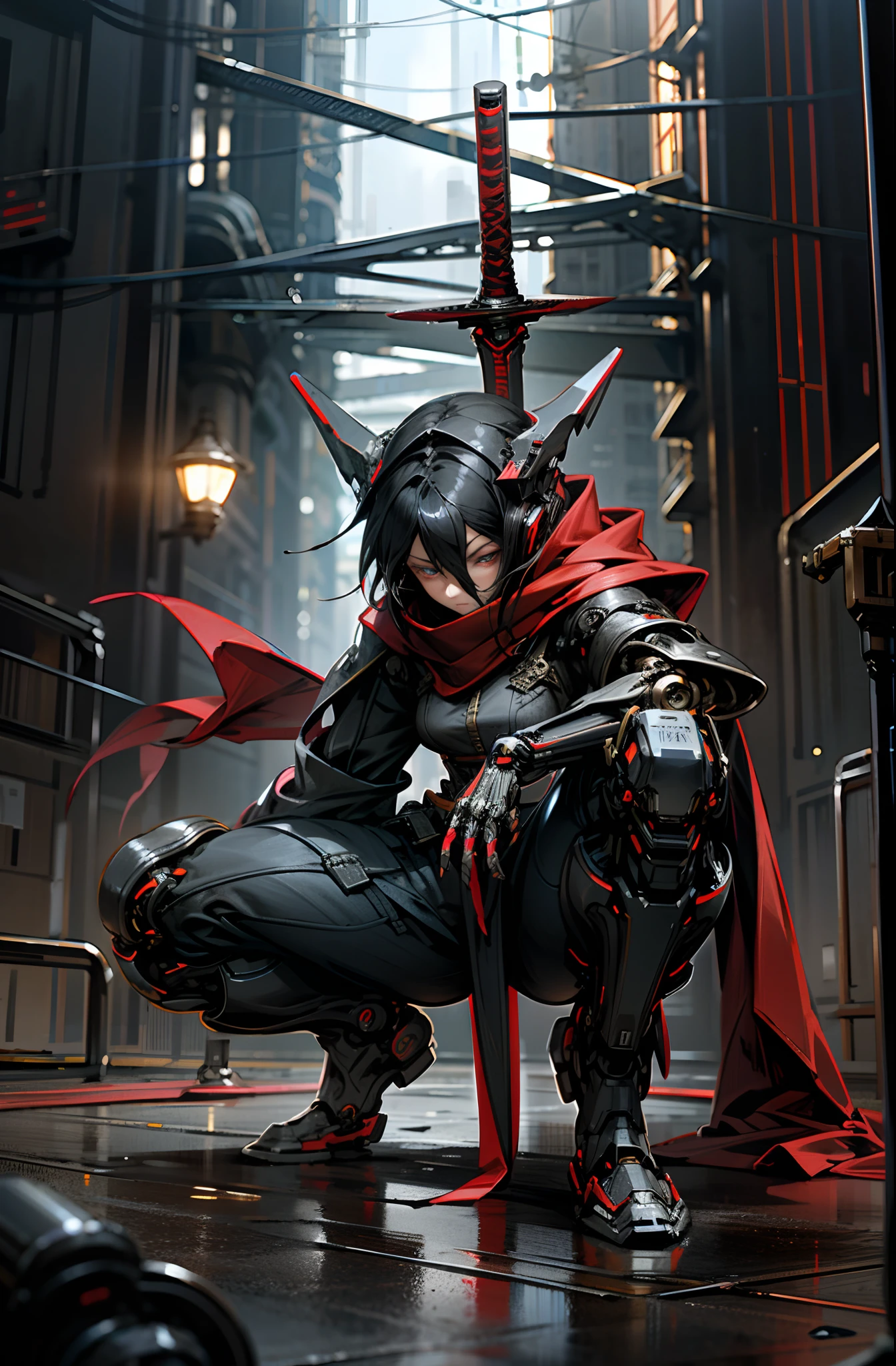 Mikasa Ackerman use red scarf, Dark Fantasy, Cyberpunk, (sword weapon,Red:1.1),1women,Mechanical,Robotic presence, Cybernetic guardian, darkness, night city background, nighttime, dramatic pose, Good detail