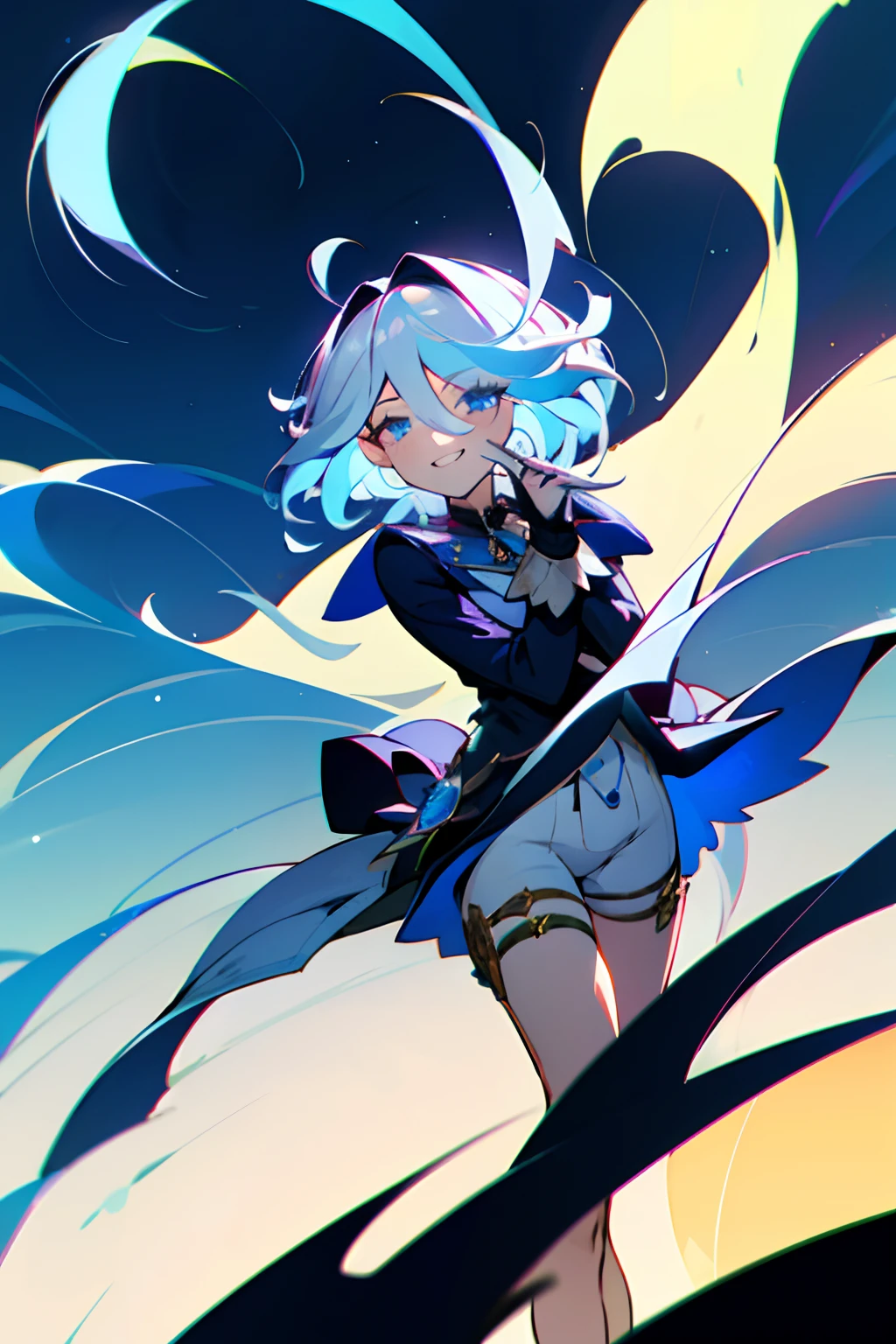 Illustration, UHD, retina, masterpiece, accurate, anatomically correct, super detail, high details, high quality, award winning, best quality, highres, good anatomy, 1080P, HD, 4K, 8k, 16k, 1girl, dynamic pose, androgynous, detailed eyes, detailed clothes, detailed hair, rendering, strands of hair, cute waifu, Focalors, in the air, arms spread wide open, smiling, eyes shut, hair flowing through wind, cinematic lighting, beautiful