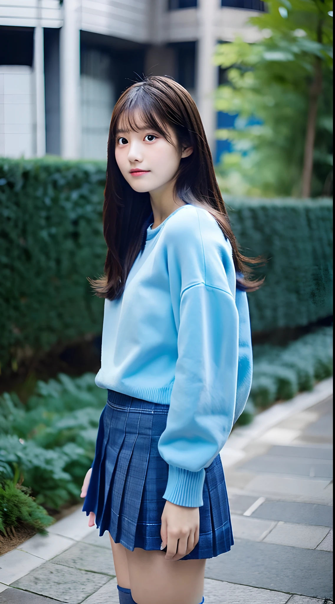 18-year-old high school girl in blue miniskirt
