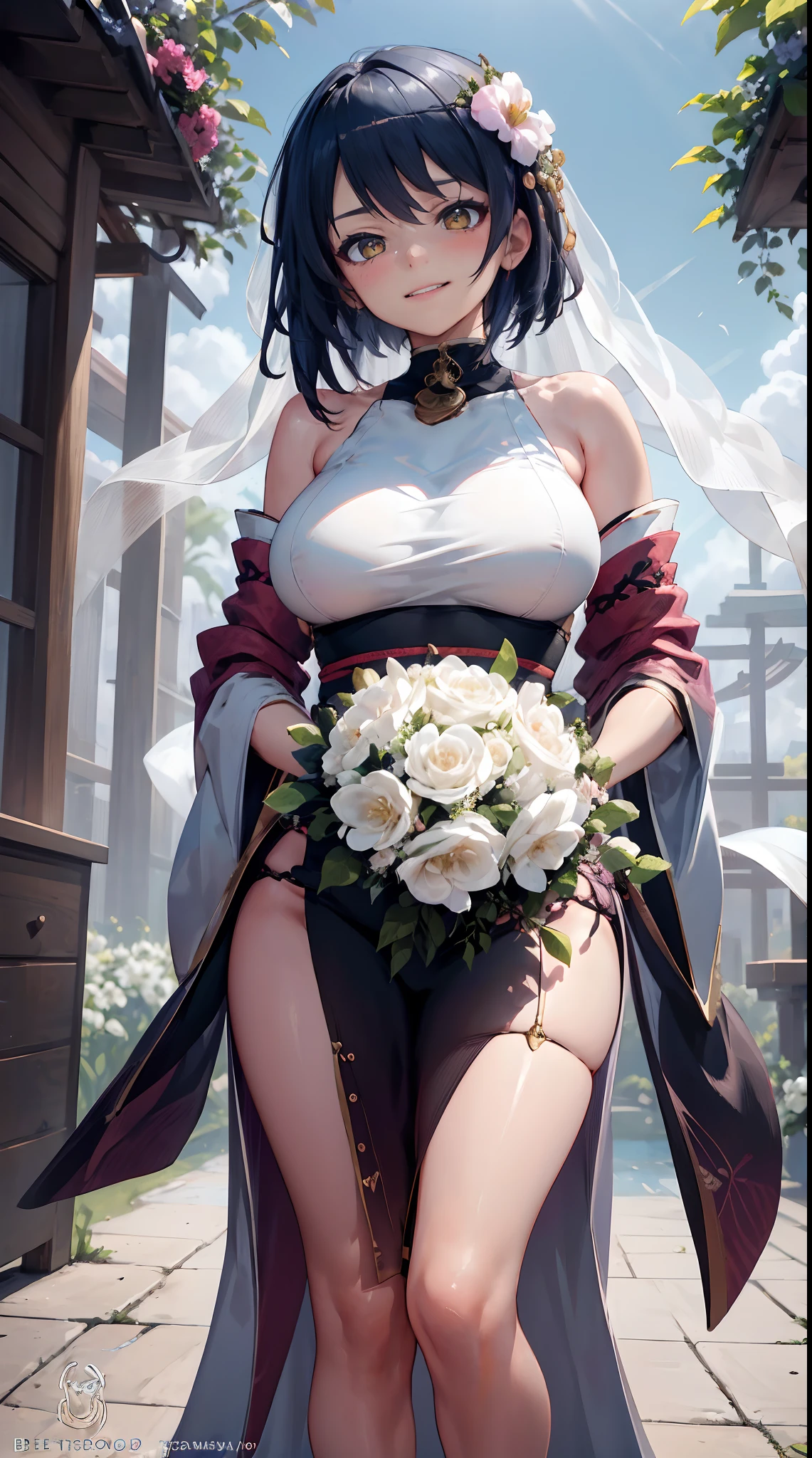 Kujou Sara | genshin impact, master-piece, bestquality, 1girls,25 years old, proportional body, proportional., Wedding Dresses, White Wedding Dress, Long skirt, wedding, ,bara, Standing in the middle of a flower garden, outdoor, wedding, The sky is beautiful, In a paradise of love and happiness............................, The bride wears a Japanese dress and a seductive smile............................, The passage of time stops at theirs............................, On this wedding day of love and happiness............................, Bright and beautiful flowers, Holding it in her hands symbolizes the envelopment of love............................, Love and friendship through the transmission of flowers, In a paradise of love and happiness............................, A bride in a yukata wearing a masika............................, It is a form of beauty and elegance............................, Show your spouse your heart..........................., In a paradise of love and happiness............................, Kochikugisa is the tree of new beginnings............................, And their love and affection........................., And suck a lot of love............................, Flowers represent love and peace............................, In a paradise of love and happiness............................, View viewers from the front., Thigh strap, Head tilt, bored, 10, 10, HD, slight smile,