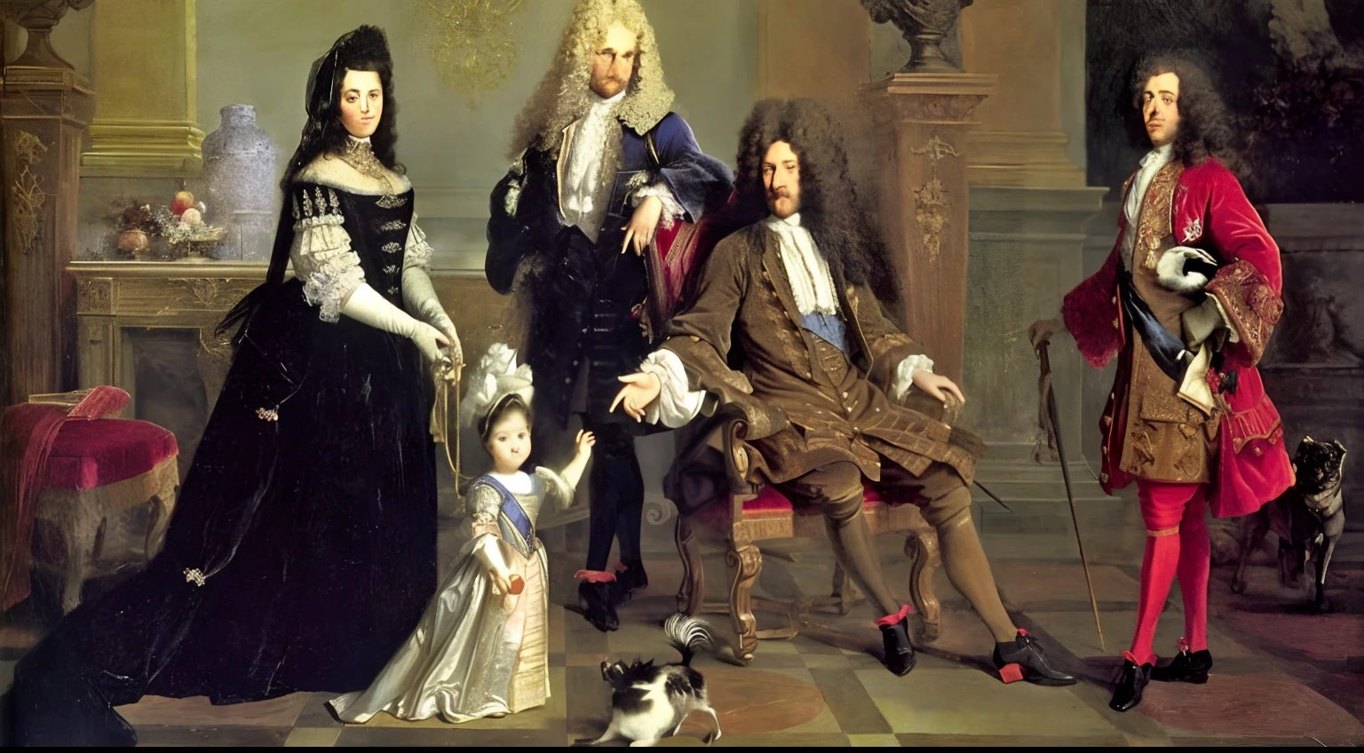Pintura de una familia de cuatro miembros con ropa formal, Luis XIV, por Hyacinthe Rigaud, Baroque oil, Pintura barroca, Retrato de familia, Pintura barroca, Retrato barroco, Pintura de retrato real, Estilo de arte barroco, by Stanislas Lépine, Aristocratic dress, por Gerard de Lairesse, 1 Arte del siglo 7