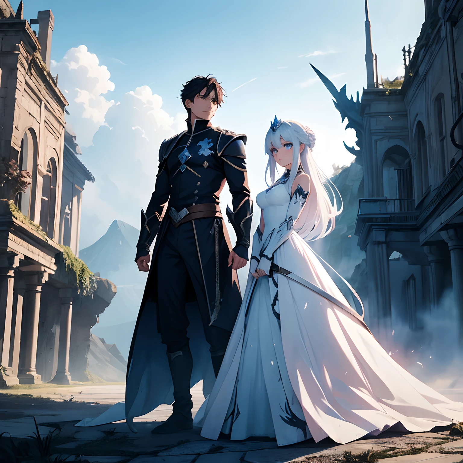 Princess standing in a crumbling castle with blue eyes in a charred white dress with scorched white sword in one hand a black dragon with sparks in the sky guards the princess beside her.。illustrated anime