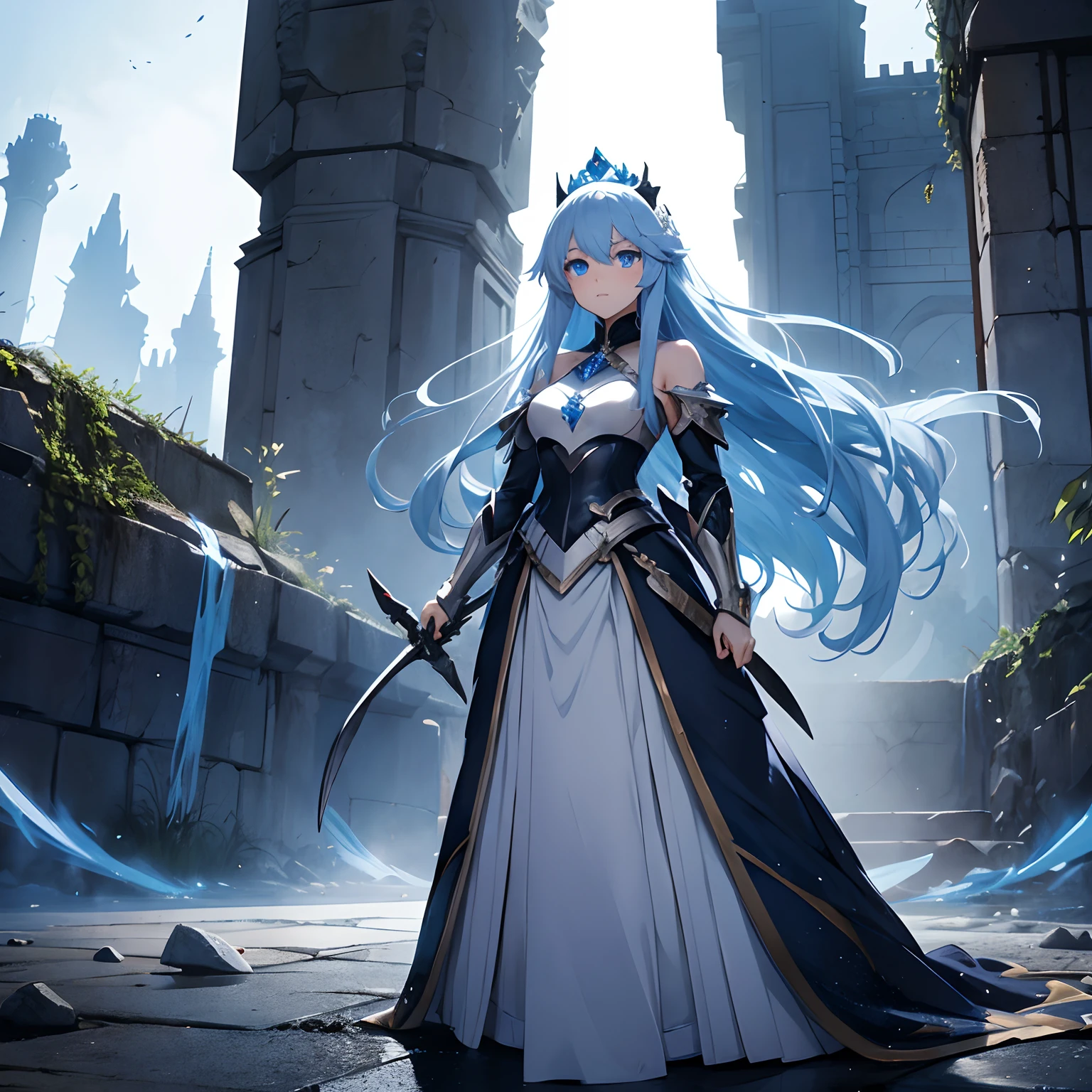 Princess standing in a crumbling castle with blue eyes in a charred white dress with scorched white sword in one hand a black dragon with sparks in the sky guards the princess beside her.。illustrated anime
