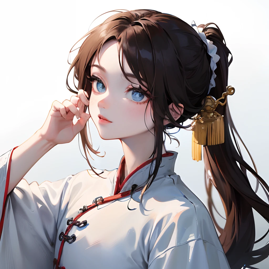 (A high resolution, Masterpiece:1.2), 5 year old boy, Sideways, Brown long hair, pony tails, Black and blue gradient eyes, (Ancient Chinese clothing:1.2), White background, Delicate facial features, Serene expression, soft smooth skin, golden jewelery, Intricate embroidery on white clothes, Flowing sleeves, Elegant posture, Natural sunlight, Warm and soft lighting.
