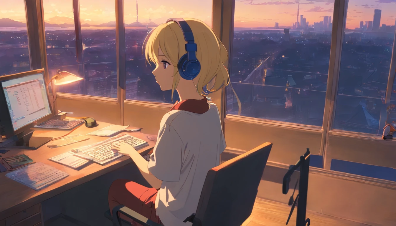 portlate、512、lo-fi、Blonde Girl in headphones sitting on a chair、Napping at your desk、Eyes closed、City view outside the window、early evening、PastelColors、Painting