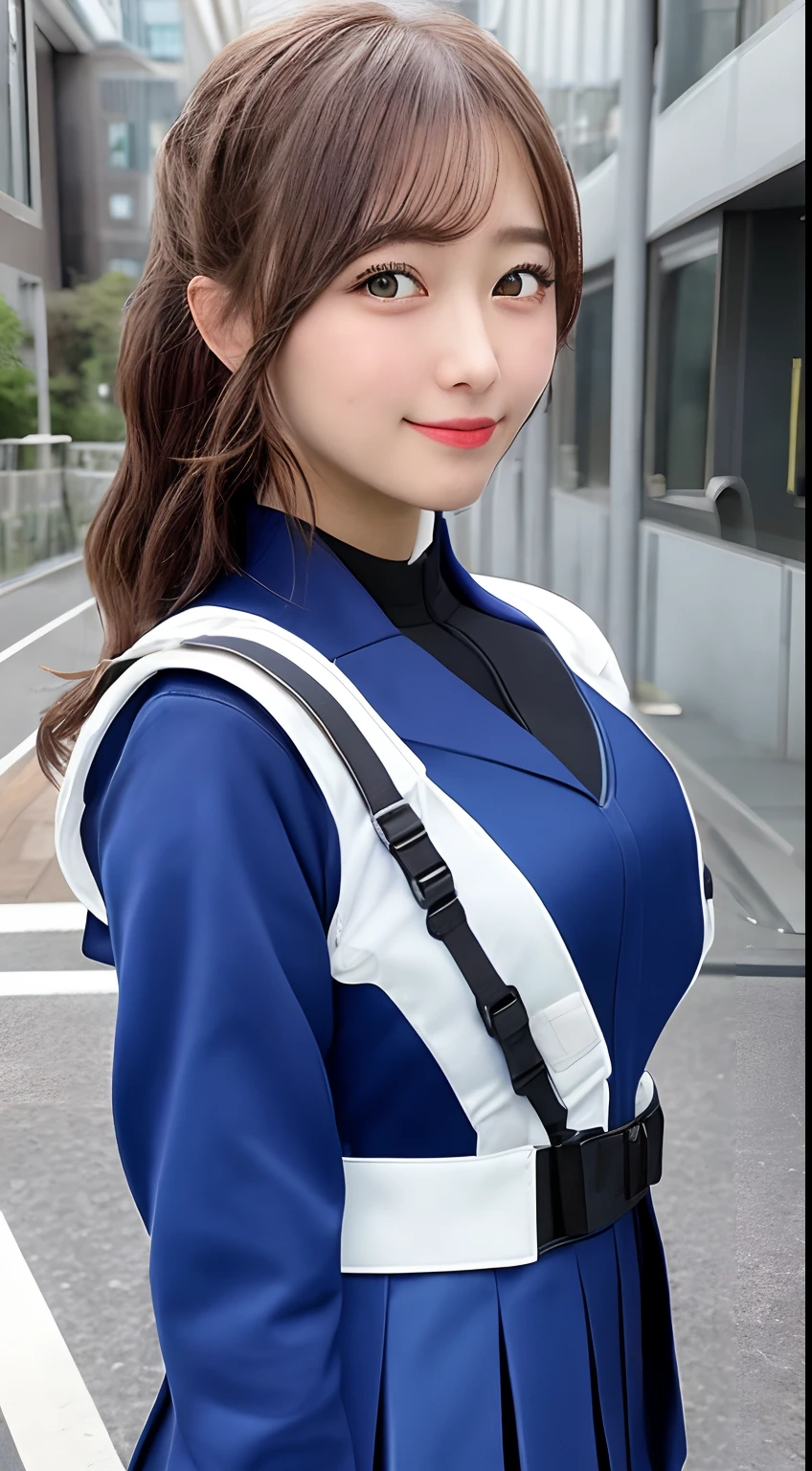 masterpiece, best quality, impressonism,1girl, solo,cyber suit school uniform,smile,blue sky,mecha school bag,future city,magnificent view,fling car,monorail,dynamic angle, dutch angle,portcity,in street,{{masterpiece}}, {{best quality}}, {{ultra-detailed}}, {{disheveled hair}},{extr covered cityemely detailed CG unity 8k wallpaper},{{{game character cg SSR}}}