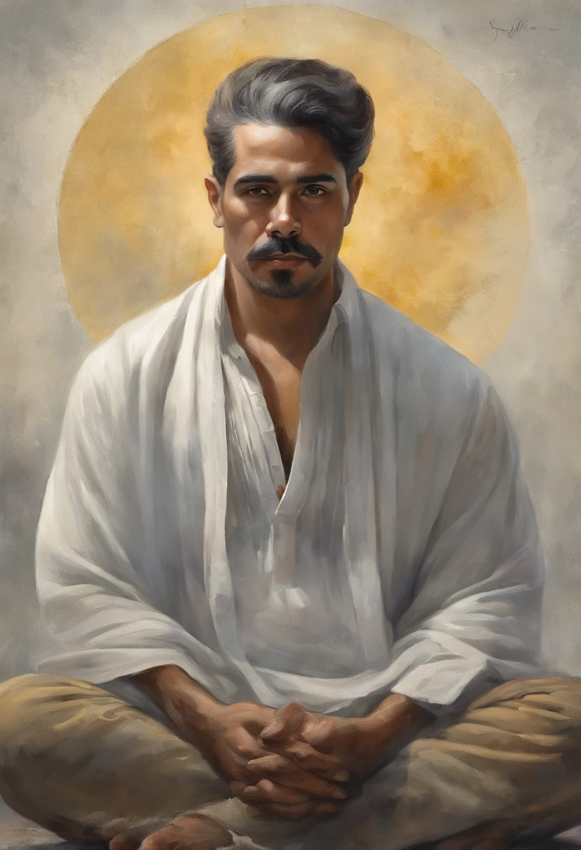 homem maduro, sitting in a meditation position, diante de um orisonte lindo, com o sol se pondo, in connection with the divine, foto de retrato, Directed by: Drew Tucker, Directed by: Adam Marczyński, Directed by: Alexander Kucharsky, Directed by: Gavin Nolan, Surrealismo 8K, Directed by: Jason Felix, Yuri Shwedoff e Tom Bagshaw, arte ilustrativa, Estilo Erik Johansson